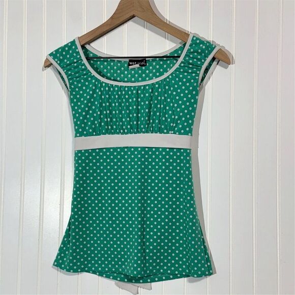 Wet Seal Green White Polka Dot Tie Back Top Medium Y2K 90s Vintage Made in USA - Picture 1 of 8